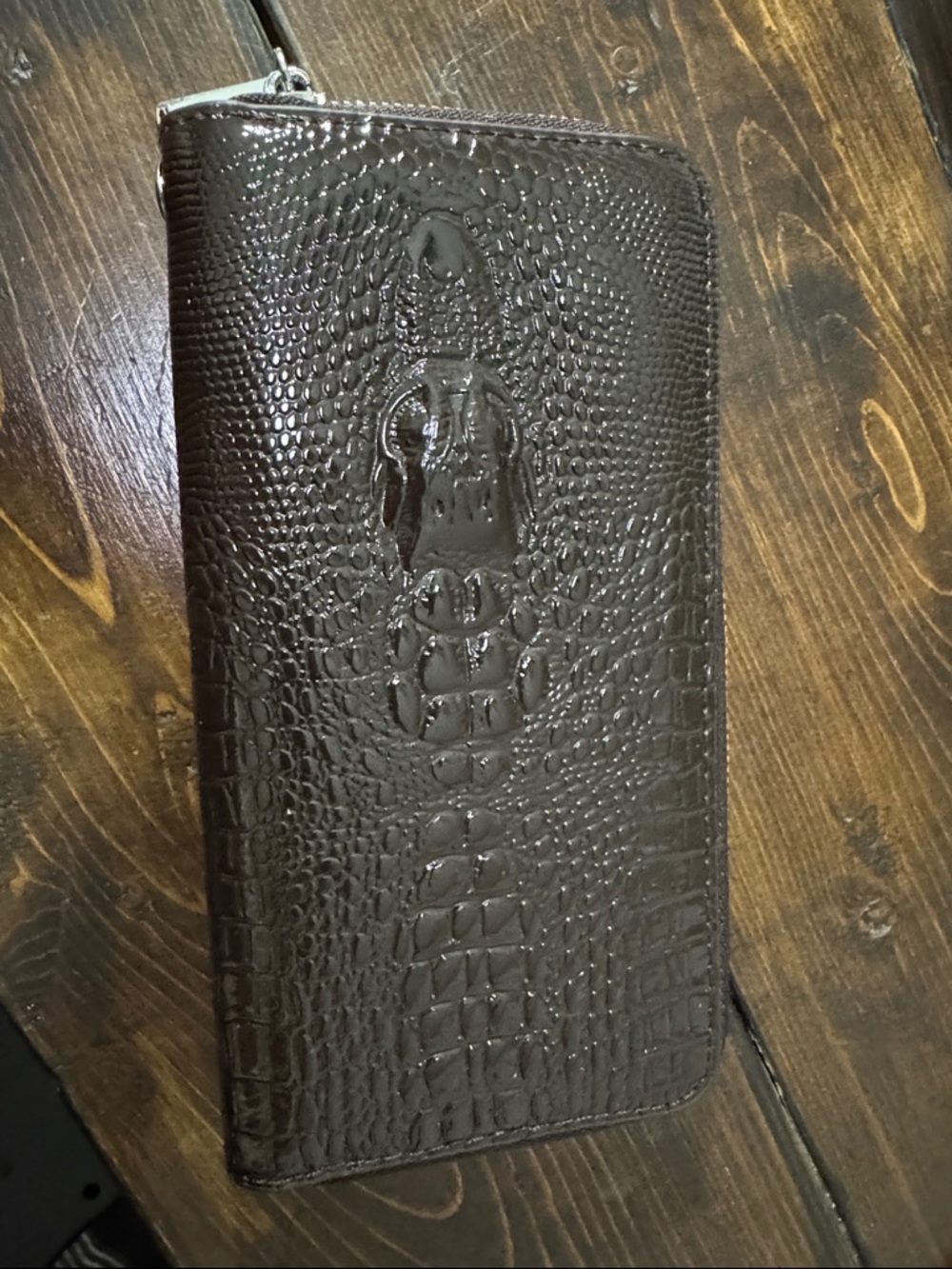 Croc Embossed Zip Wallet in Dark Brown